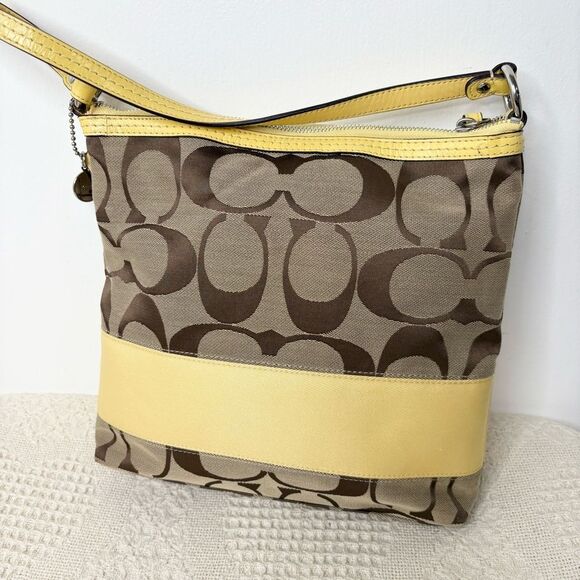 Coach Signature Stripe Shoulder Bag F13674 Khaki Yellow Hobo - Picture 8 of 11